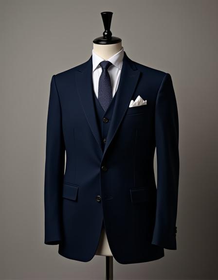 Un abito sartoriale blu navy bespoke, esposto su un manichino con un'eleganza raffinata.
