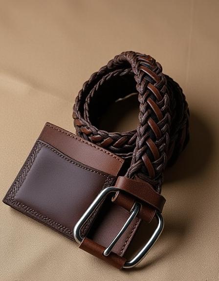 Una cintura in pelle intrecciata e un portafoglio abbinato, elementi essenziali per un look raffinato.